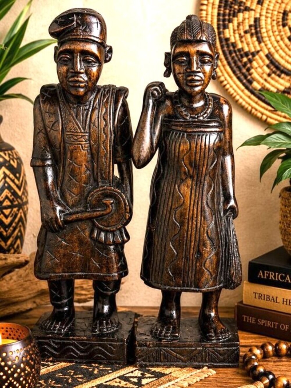 VTG West African Folk Art Hand-Carved Wood Tribal Couple Statues Pair 19.25"Tall